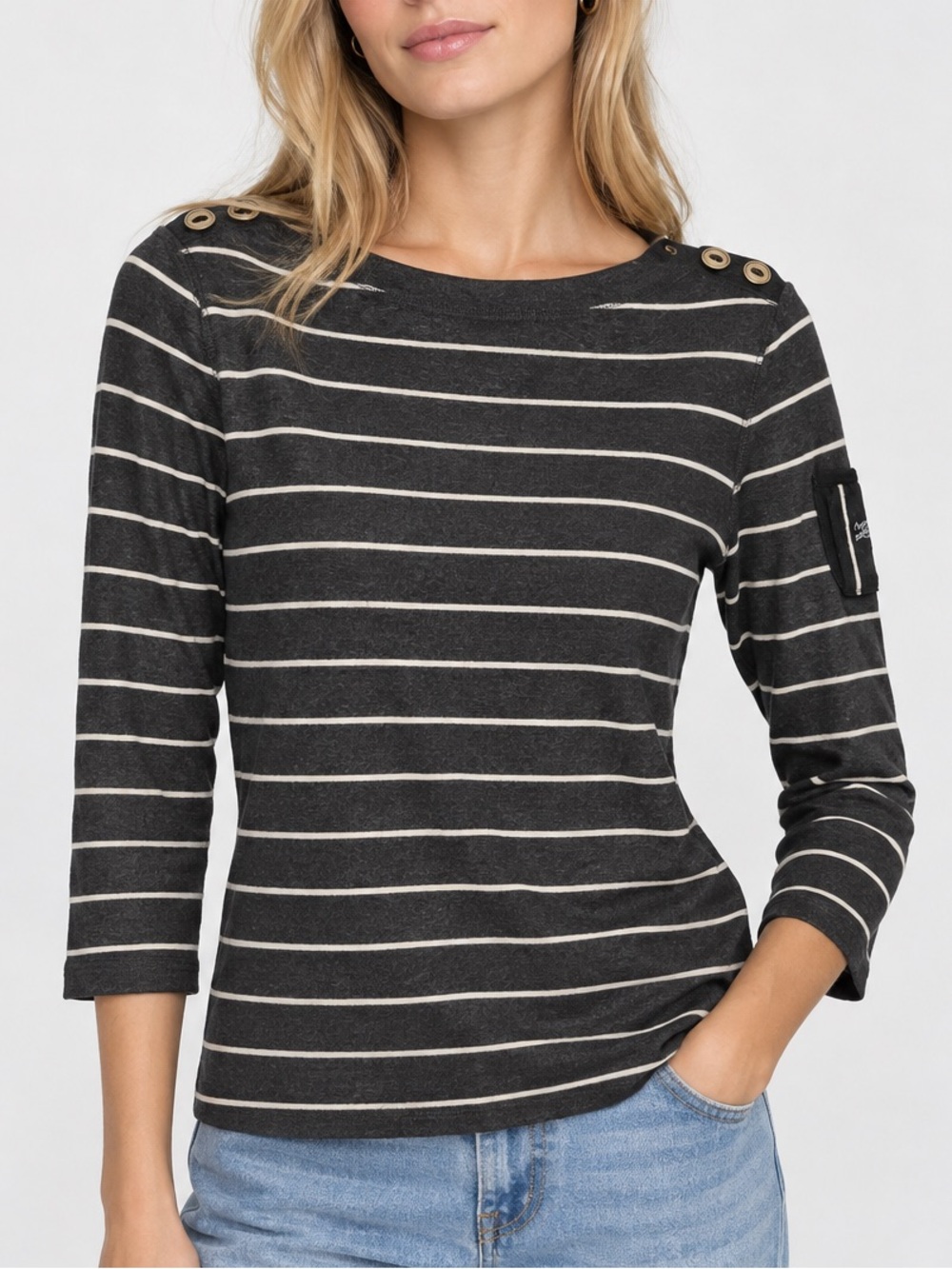 Ralph Lauren Cotton Grey And White Striped Boat Neck Top